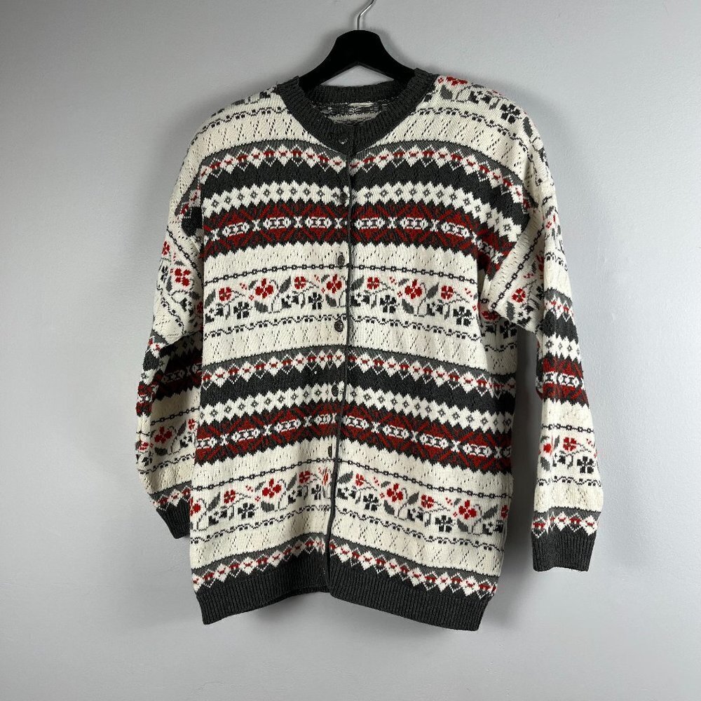 Vintage 90's grandma cardigans knit sweater cotton white gray red size M